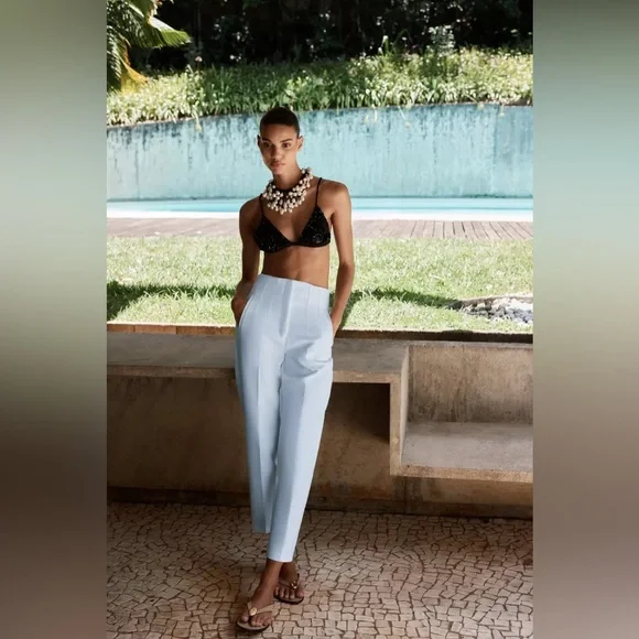 ZARA Elegant PANTS WITH A HIGH WAIST Light Blue Women's Pants - Picture 1 of 8